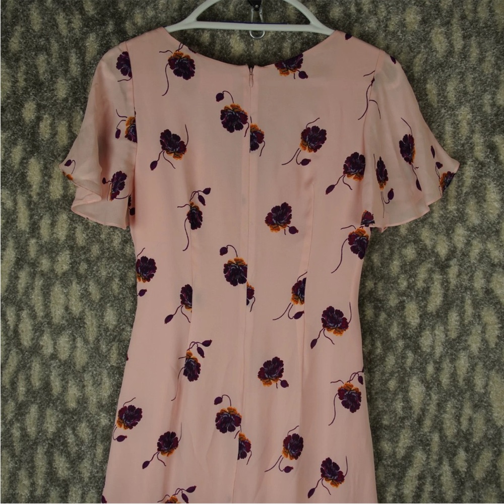 Cinq a Sept Midi Dress Blush Pink Floral Print Ruffle Trim Sz 4 Silk Bow Tie - Picture 6 of 15